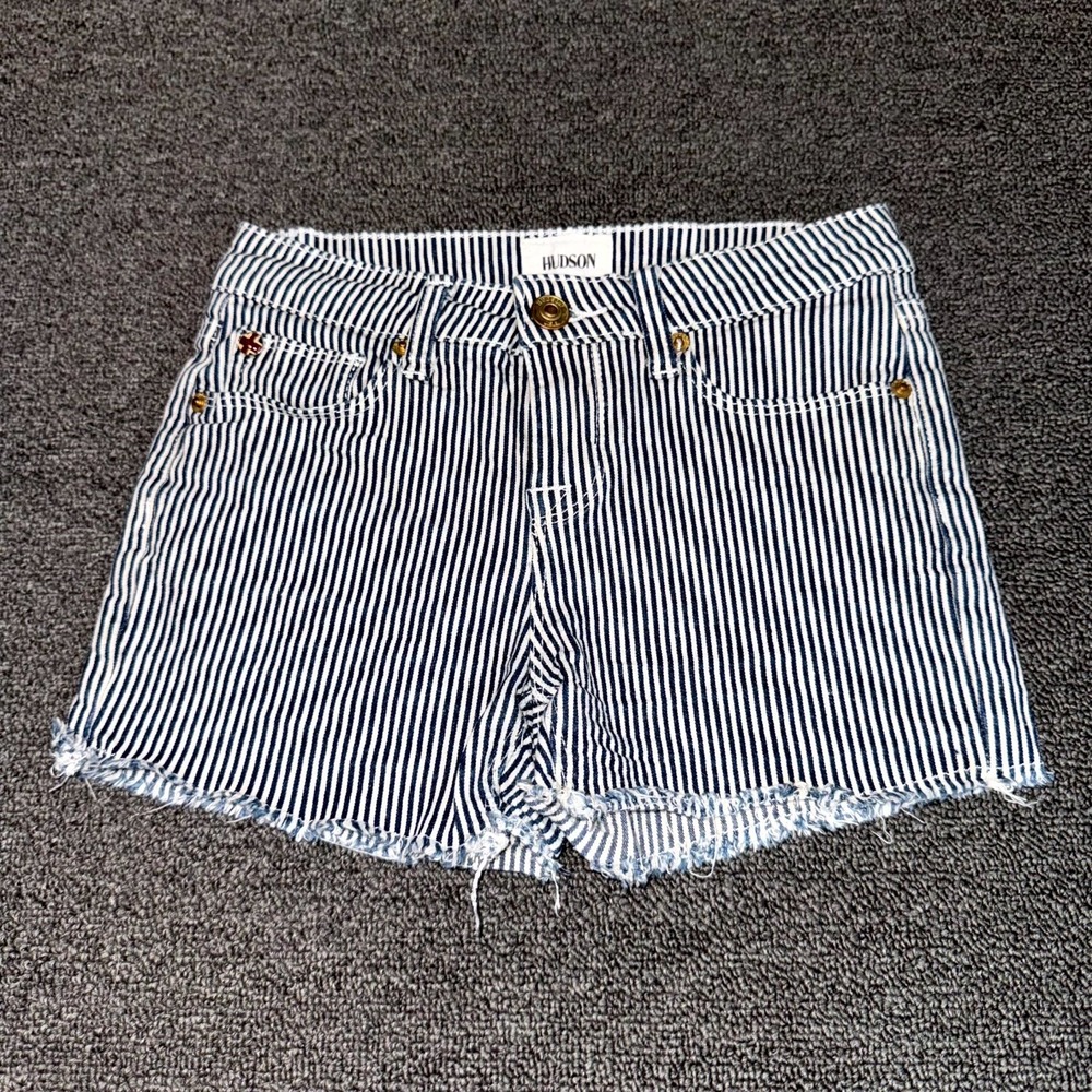 Hudson Denim Shorts Girls 12 Youth Blue White Striped Stretch Raw Hem Summer